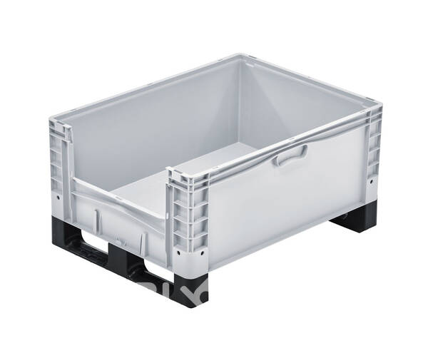 Plastic container for large goods with runners and opening side